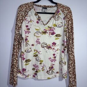 Columbia Floral Long Sleeve Top Brown Cream V Neck Stretch Women M